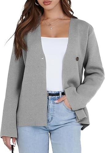 Saodimallsu Damen Strickjacke Langarm V-Ausschnitt Cardigan für Business Freizeit Gestrickt EIN Knopf Blazer,Grau,S