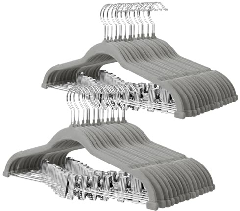 ManGotree 42,7 cm Samt-Hosenbügel mit beweglichen Clips 32 Stück Grau | Ultradünne, platzsparende Rock-Kleiderbügel für Erwachsenenkleidung, rutschfeste Filz-Kleiderbügel mit 360° drehbarem Haken
