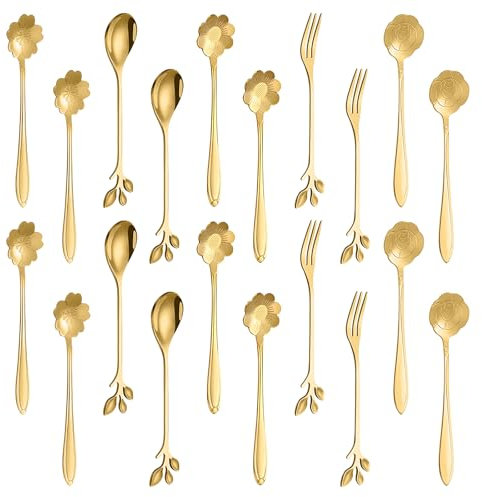 JINGIHE 20pcs Coffee Spoons, Stainless Steel Teaspoons, Flower Leaf Spoon, Stirring Tea Spoon and Leaf Fork for Dessert Sugar Cake Ice Cream Honey Demitasse Stir Bar Tea Party(5 Styles, Gold)