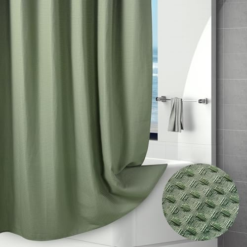 VANZAVANZU Hotelstil Waffel Duschvorhang 183x183cm, Wasserdicht & Waschbar, Schwerer Stoff Duschvorhang Textil mit Beschwerter Saum, Schimmelresistent Badevorhang für Dusche und Badewanne, Salbeigrün