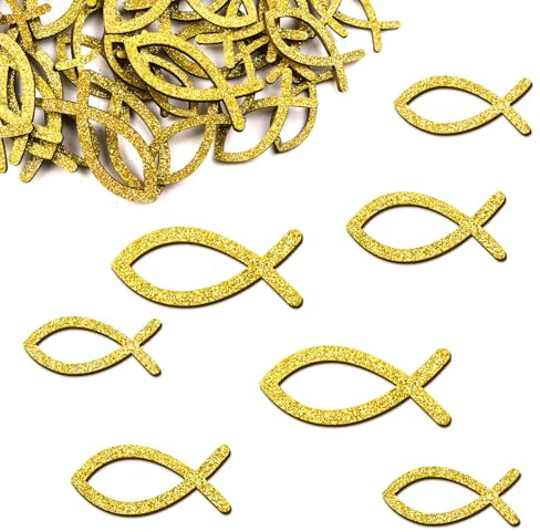 MEJOSER 60 Stück Holz Kommunion Deko 5/4/3.5cm mit Glitzer Konfirmation Taufe Tischdeko Fische Konfetti Holzfisch Deko Streudeko Erstkommunion Deko für Junge Mädchen Gold mit Box (Gold)