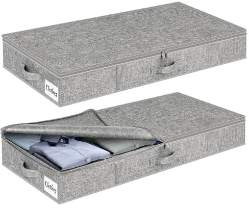 Kukikan Under Bed Storage Box with Lid 2 Pack, 12cm Slim Low Profile Underbed Clothes Organiser for Home, Blanket and Toy Storage Box Under Sofa and Cot, W/Sturdy Bottom/Sides, Foldable Thick Fabric