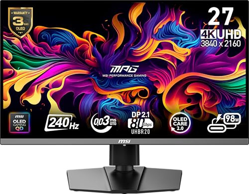 MSI MPG 272URX QD-OLED 68.6 cm 3840 x 2160 (UHD) Monitor de computadora, 240Hz, sincronización adaptativa, HDMI, Puerto DP, Montaje VESA, inclinación, Altavoz, 0.03 ms, Negro
