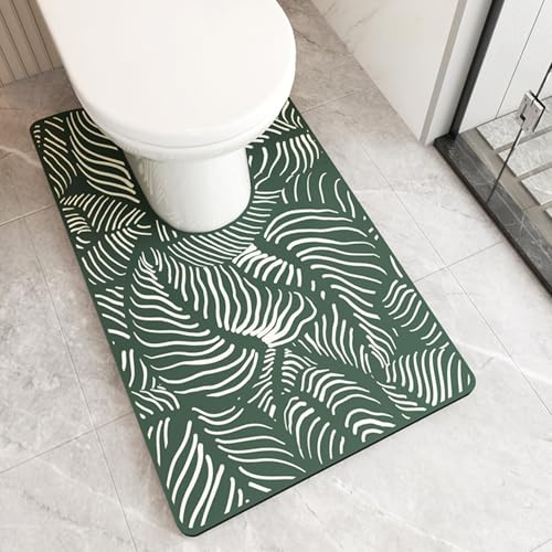 Treer Bath Mat Non Slip Diatomite Toilet Mat U Shape Pedestal WC Toilet Rug Absorbent Quick Dry for Bathroom Floor, Washable Easy to Clean, Minimalism Pattern (Green Leaff,55x90cm)