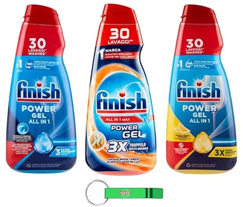 Testpaket Finish Powergel Flüssigwaschmittel für die Spülmaschine, multifunktional, entfettende Wirkung, 30 Wäschen 3 x 600ml + Beni Culinari Kostenloser Schlüsselanhänger