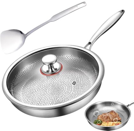 Padella in acciaio al titanio, antiaderente, con coperchio e spatola, utensili da cucina, gadget per cucinare scottature, bistecche, pesce, pancake, campeggio, ristorante