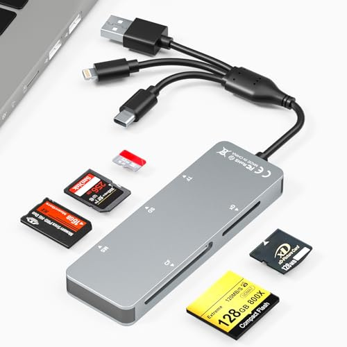 Lector de Tarjetas SD 5 en 1 para iPhone/PC/iPad - Memory Stick Pro Duo Adaptador​ con Lightning/USB-C/USB-A, ​​Adaptador XD Picture Card​​ para Tarjetas SD/TF/CF/MS/XD, Diseño Portátil de Aluminio