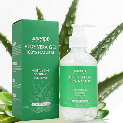 ASYBO Gel de aloe vera 500 ml – 100% puro Aloe Vera para cara, cuerpo, cabello, crema de aloe hidratante para piel seca, quemaduras solares, acné, loción después del sol