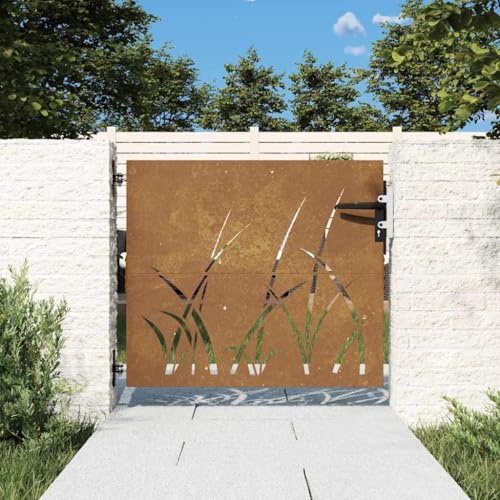 Portail Simple de Jardin, Barrière de Sécurité avec Serrure, Portail Clôture, Ornemental Portillon Jardin, Porte d'Extérieure, 85x100 cm acier corten conception d'herbe