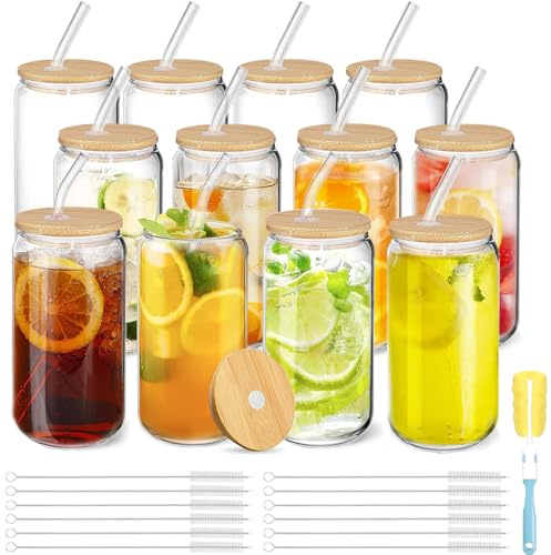 12er Set Glas mit Deckel und Strohhalm - 500ml Trinkgläser mit Deckel, Cocktailgläser Gläser Set, Iced Coffee Becher, Tee Wasser Trinkgläser mit Glasstrohhalm, Geschenk-Set, Familienparty, Bar