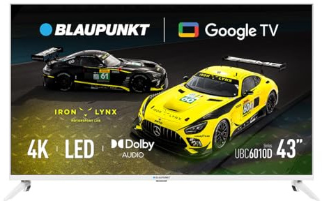Blaupunkt Smart TV 4K 43UBG6010S, 108 cm (43 Pulgadas), LED LCD, Google TV, Bluetooth y Wi-Fi, HDR, Dolby Atmos, Color Blanco | Dolby Audio, HDR, MEMC, Wi-Fi Dual Band y Bluetooth 5.0, Blanco