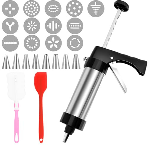 Eyoulife 24 Teiliges Cookie Press Gebäckpresse Edelstahl mit 13 Schablonen 8 Tüllen Schaber Schwammbürste Gebäckspritze für DIY Plätzchen Backen Churros Backen Kuchen Dekorieren