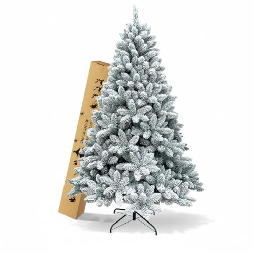 LEIVESTE-Albero di Natale Artificiale 180 Verde Innevato Super Folto,Base a Croce in Ferro Pieghevole Effetto Realistico Con Neve, rami con apertura ad ombrello. (180 CM)