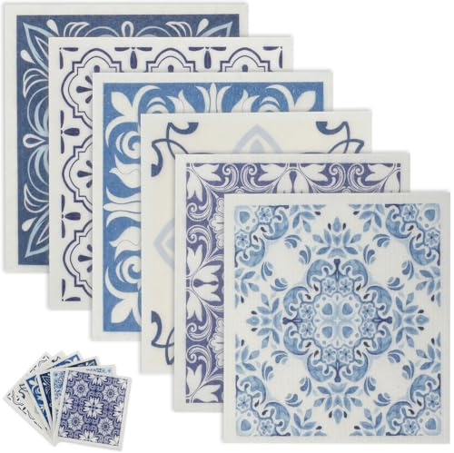 ZEJEXXB Swedish Dishcloth Set Reusable Kitchen Cellulose Dish Cloths Ecofriendly Absorbent Dish Rags Washable Quick Drying Dishcloth Towels for Cleaning in the Kitchen (Retro Pattern 6PCS)