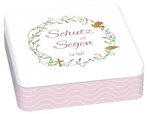 Geschenkset zur Taufe mit zauberhaft bedruckter Metalldose, wattiertem Geschenkbuch, Porzellan-Relief mit Band & Glasfläschchen für Taufwasser: Liebevolles Taufgeschenk für Mädchen