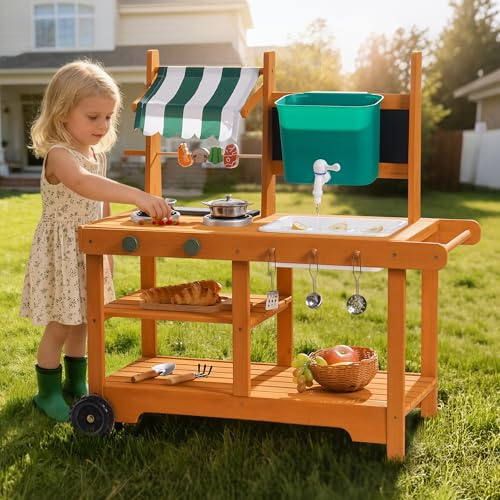 ROBOTIME Mud Kitchen for Kids Outdoor with Canopy & Wheels, Wooden Outdoor Play Kitchen with BBQ Grill, Sink & Storage, Portable Backyard Garden Pretend Play Kitchen Toy