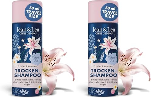 Jean & Len Mini Trockenshampoo Frische & Volumen, kein fettiger Ansatz, keine weißen Rückstände, duftet nach Lilie, für feines Haar ohne Volumen, Reisegröße, ohne Parabene & Silikone, vegan, 50 ml