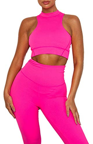 Donna Tuta da Ginnastica 2 Pezzi, Morbuy Sexy Gilet Top & Elasticità Pantaloni Vita Alta Abbigliamento Sportivo Colore Splicing Moda Yoga Sportiva Fitness Jogging Tuta (L,Rosa fluorescente)