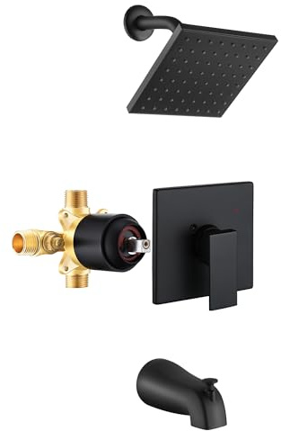 Esnbia Tub Shower Faucet Set (Valve Included) with 6-Inch Rain Shower Head and Tub Spout, Black Shower Head and Handle Set，Single-Handle Tub and Shower Trim Kit, Matte Black