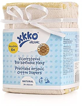 XKKO - Prefolds - 100% Bio-Baumwolle - Birds Eye - 6 Stück - versch. Größen Größe Newborn (gelber Saum) - 29x30,5 cm (2-5 kg)