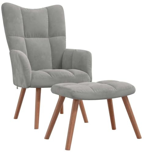 vidaXL Relaxsessel mit Hocker, Sessel mit Stahlrahmen Holzbeinen, Relaxstuhl Polsterstuhl mit Armlehne, Fernsehsessel Polstersessel Wohnzimmer, Modern, Hellgrau Samt
