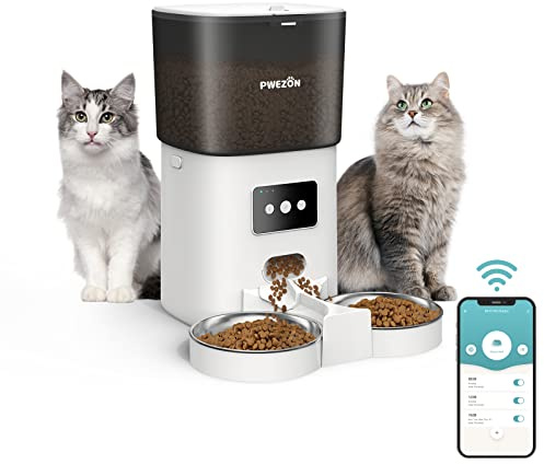 Distributore Automatico per Cani e Gatti con 2 Ciotole, PWEZON 6L WiFi Alimentatore Automatico per Animali Domestici con Controllo delle Porzioni, Timer e di Registrazione del Suono