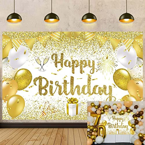 Toile de Fond doré Joyeux Anniversaire 7x5FT Ballons pailletés Or Champagne Triangle Drapeau Anniversaire Hommes bannière Fond pour Photographie fête d'anniversaire Enfants Fournitures de décoration