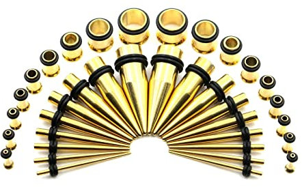 Dehnstäbe Chirurgenstahl, Piercing Ohr Tunnel Set mit 36PCS Gold Kegelreifen Body Piercing Schmuck Geschenk Kit