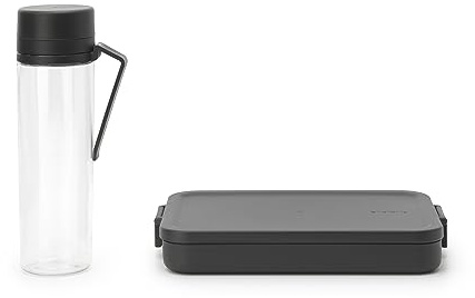 Brabantia Make & Take Break Set (Set of 2) Matching Water Bottle with Fruit Sieve Infuser & Flat Lunch Box, BPA-Free, Travel To Go Meal Containers, Dishwasher Safe