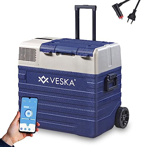 Kompressor Kühlbox elektrisch, Gefriertruhe mit APP-Steuerung, USB-Anschluss, 12/24V, 230V, Räder, transportabler Kühlschrank, Kühltruhe, Gefrierbox bis -20 °C für Auto, LKW, Boot (62L - blau)
