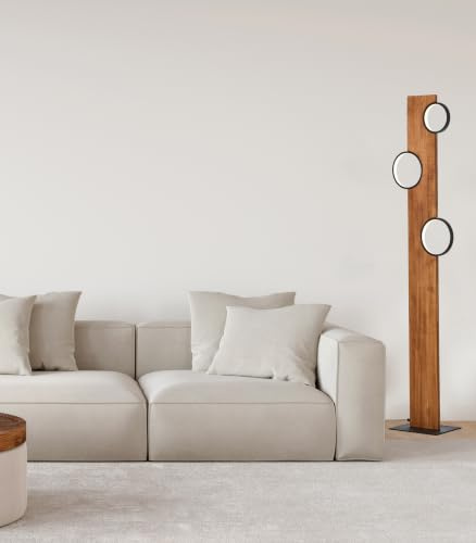 Lightbox LED Stehlampe Holz 140 cm, mit Fußschalter Leuchte | Wohnzimmerlampe mit Lichtkreisen, warmweißes Licht 3000 K, stilvoller Blickfang fürs Wohnzimmer
