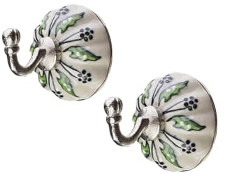 Tranquillo 2 Garderobenhaken Wandhaken Kleider-Haken Metal mit Keramikverzierung Blatt mit Vintage-Touch, Ø 6 x 9 cm