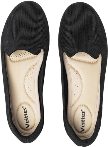 Veittes Women's Wide Width Flats Shoes - Classic Knitted Soft Casual Breathable Slip-on Ballet Shoes.(2205003-3,BK/FK,UK9.5 Wide)