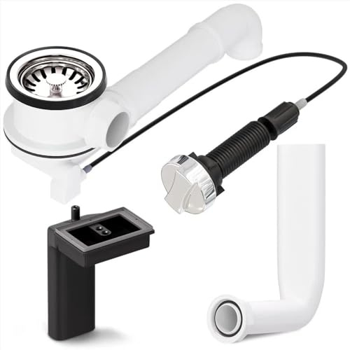 AQUADE Siebkorbventil 70mm mit Raumschaffer + Bowdenzug + Abtropfüberlauf | Siebkorb Spüle Set, Spülbecken Abfluss, für Küche