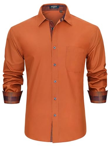 HISDERN Mens Formal Dress Shirts Classic Long Sleeve Casual Button Down Collar Shirt Regular Fit Orange S