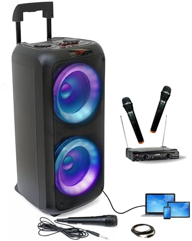 Ibiza – Pack Karaoke Altavoz Bluetooth USB AUX SD TWS con batería de 600 W – 2 micrófonos inalámbricos UHF Boum niño regalo cumpleaños fiesta