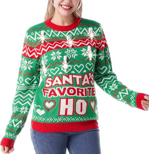 Giggling Getup jul ful tröja med polkagris glödlampor, upplyst jultröja långärmad ful julstickad tröja för kvinnor, män, gRÖN, L