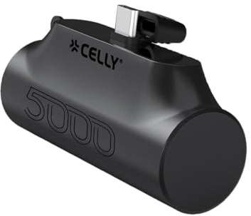 Celly, Powerbank Compatto con Connettore USB-C Integrato e Capacità di 5000mAh, Ricarica Rapida, Caricatore Portatile Universale per Smartphone, Colore Nero