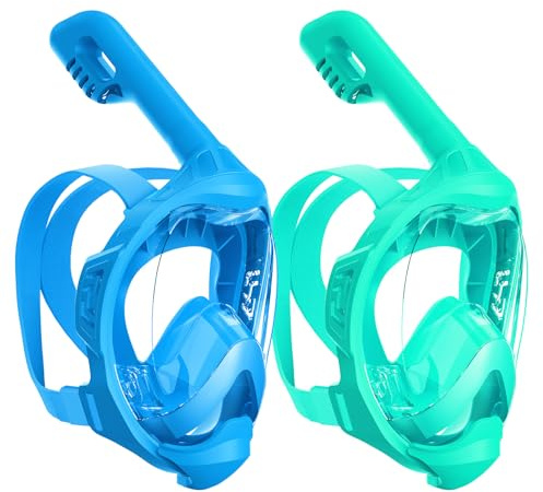 Jwintee Kids Snorkel Mask Full Face, Full Face Snorkel Mask for Kids, 180 Degree Panoramic View Snorkeling Gear for Kids, Kids Snorkeling Set Anti-Fog Anti-Leak, Blue+Cyan