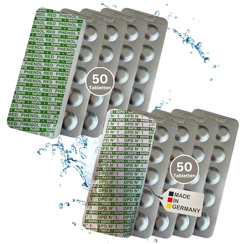 ALPHFA 100 compresse di prova rapida per tester di agitazione, 50 x pH fenolo rosso, 50 x DPD1 cloro libero, tester per acqua, durata 10 anni