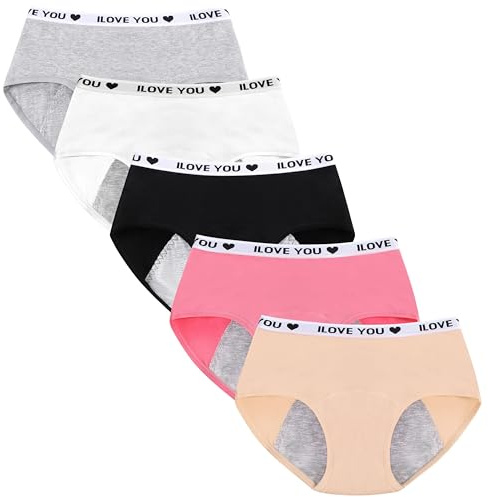 Mutande Periodo Mestruale per Ragazze Cotone Mutande Anti-perdite Intima Slip Mutandine Mestruali Protettive Adolescenti Bambina per 10-18 anni, Confezione da 5 (Da Indossare con Assorbente o Tampone)