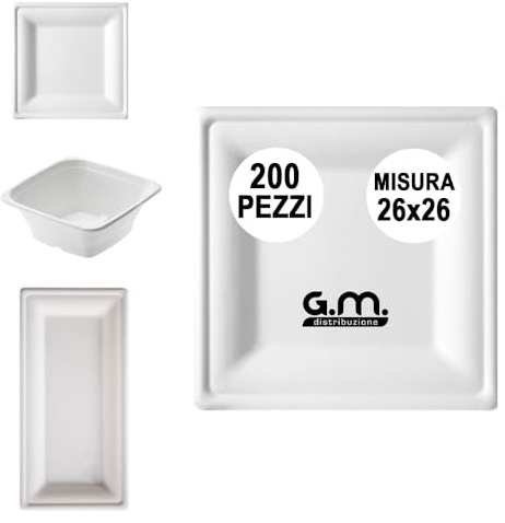 G.M. DISTRIBUZIONE 200 Piatti Quadrati Bianchi in Polpa di Cellulosa 26x26 cm, Ideale per Cibi Caldi e Freddi, Piatti Imperameabili Usa e Getta Adatti al Microonde, Biodegradabili e Compostabili