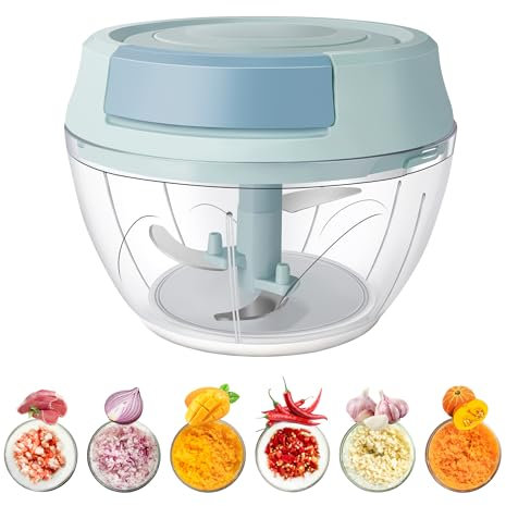 YC Kitchen - Picadora manual de cebolla (500 ml, picadora manual de cebolla con polea, picadora multi con 3 cuchillas de acero inoxidable)