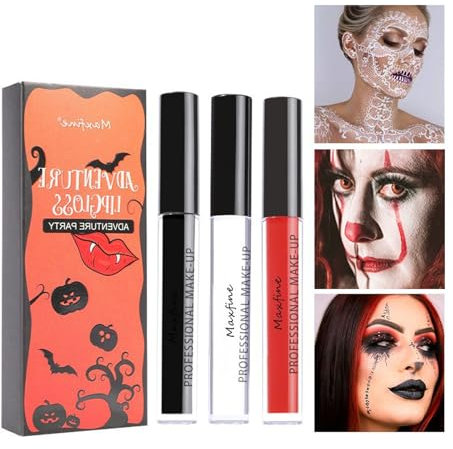 3Pcs Matte Lip Gloss Set, Red White Black Matte Liquid Lipstick Sets, Long Lasting Black Lipstick Lip Stain, Face Body Paint Halloween Makeup Lipsticks Gift for Halloween, Cosplay Makeup