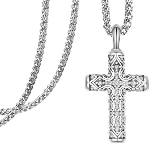 KATHL Herren Kreuz Halskette Sterling Silber Kreuz Anhänger Cubic Zirkonia Kreuz Halskette für Männer katholischen religiösen Schmuck Geschenke