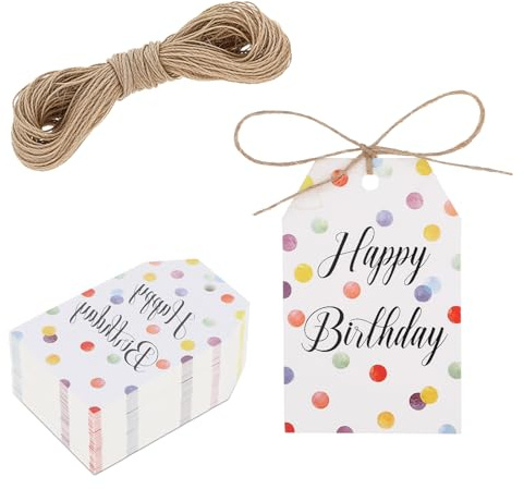 Hariendny Happy Birthday Geschenkanhänger mit Schnur, 100 Stück, Geschenketikett Set mit Schnur, bunte Punkte