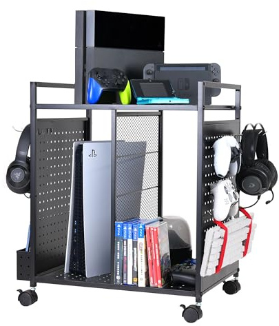 PLKOW Support de rangement pour jeux vidéo, organiseur de rangement pour consoles, manettes, écouteurs, PS5, PS4, Xbox Switch, Nintendo - Support de console PS5 à roulettes, cadeau de vacances parfait