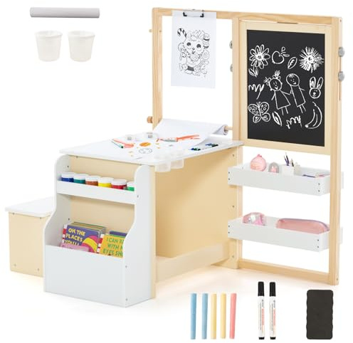 HOMASIS 6 in 1 Kindertafel, Holz Kindertisch Stuhl Set mit Staffelei, höhenverstellbare Maltafel mit Kreidetafel & Whiteboard & Papierrolle, Kindersitzgruppe für Kinder ab 3 Jahren (Weiß)