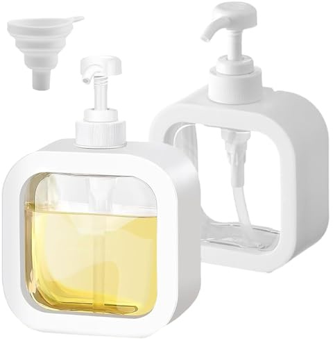 XoeLLe 2 Pezzi Dispenser Sapone Cucina, 500ml Portasapone Liquido Bagno, Dispenser Sapone Doccia, Contenitore Plastica, Dispenser Shampoo per Olio Essenziali, Sapone, Cucina, Bagno, con Imbuto