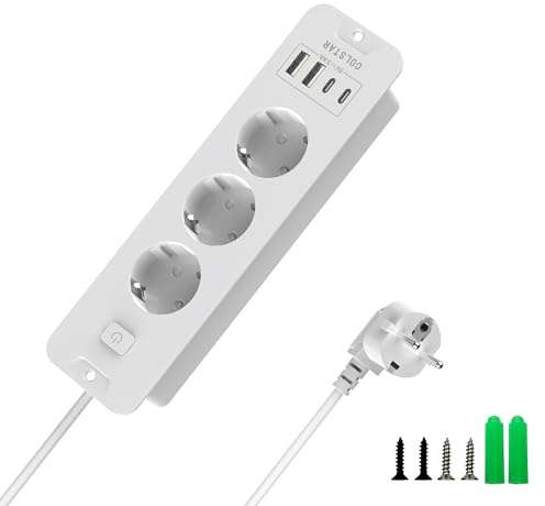 COLSTAR 3-Fach Einbausteckdose USB-C, Überspannungsschutz, 2m Kabel, Weiß | 16A/4000W, mit Maßschablone für einfache Montage, 3 Schuko + 4 USB-Ports (2×USB-A + 2×USB-C)
